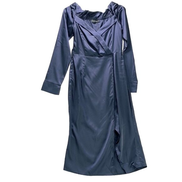 PRETTY LITTLE THING Women's Dress Blue Silky Maxi Ruffled Side Seam Slit Size 4 - Picture 1 of 7